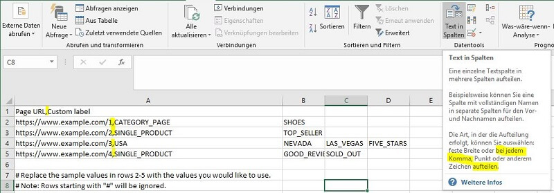 Screenshot der Seitenfeed-Vorlage als CSV-Datei in Excel