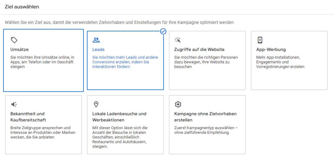 Ziele für Pmax Kampagnen